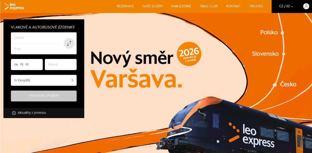 homepage Leo Express s možností výběru spojení a vlakem do Varšavy