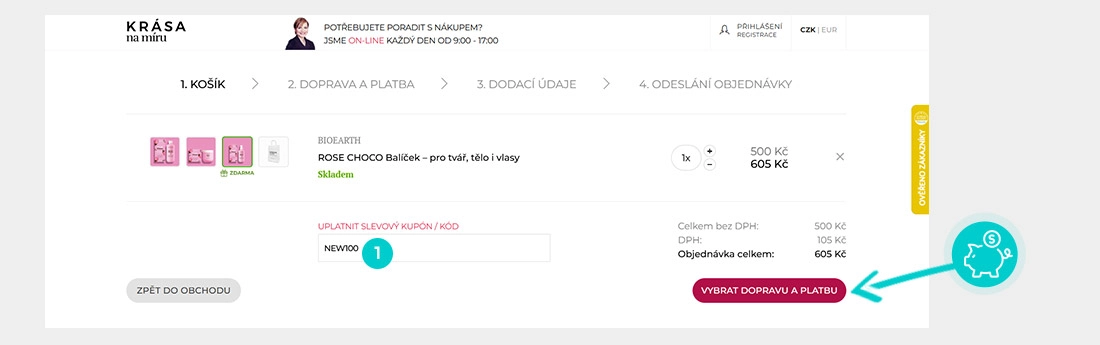 Návod jak uplatnit slevový kód v košíku e-shopu Krása na míru