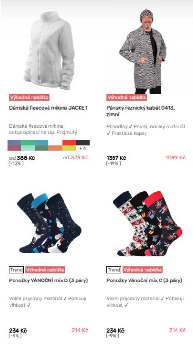 dámská mikina, pánský řeznický kabát a vánoční ponožky