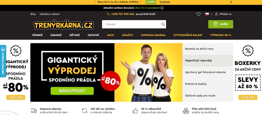 Home page e-shopu Trenýrkárna s mužem a ženou ve tričkách s procenty