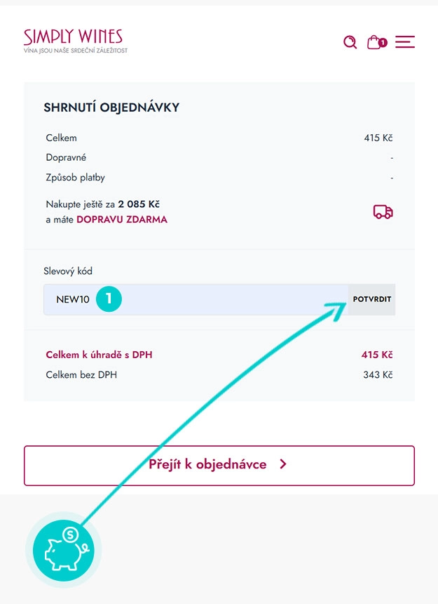 Návod jak uplatnit slevový kód v košíku e-shopu SimplyWines