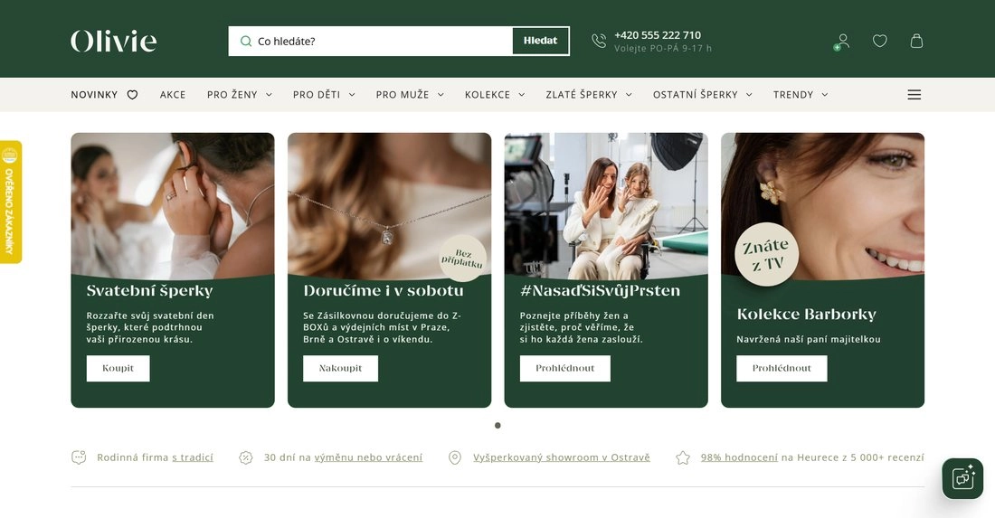 Homepage stránky Olivia v zeleno bílé barvě a znázorněním šperků