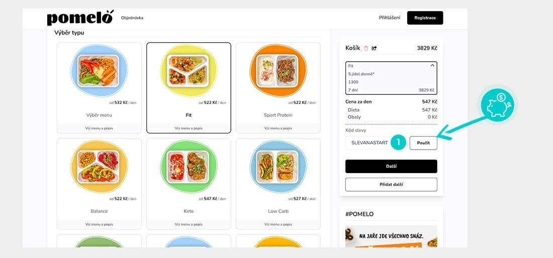 Návod jak uplatnit slevový kód v košíku e-shopu Pomelobox
