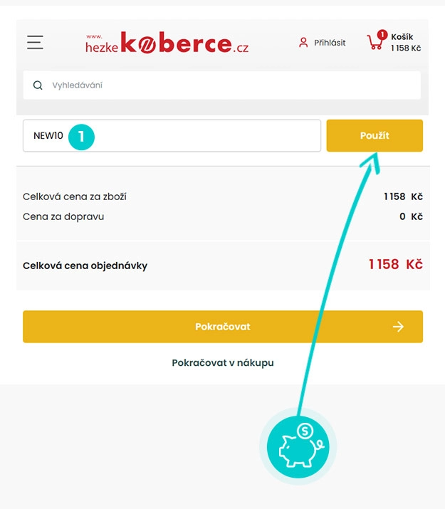 Návod jak uplatnit slevový kód v košíku e-shopu Hezkekoberce