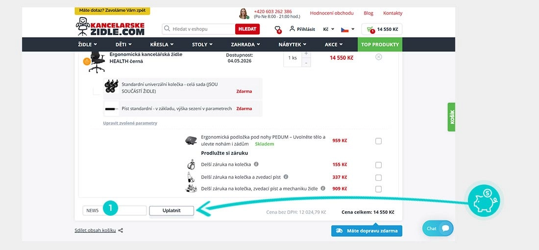 Návod jak uplatnit slevový kód v košíku e-shopu Kancelarskezidle