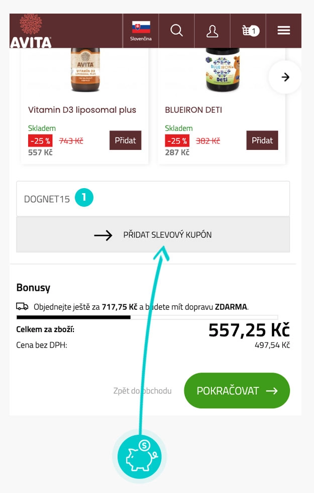 Návod jak uplatnit slevový kód v košíku e-shopu Avita