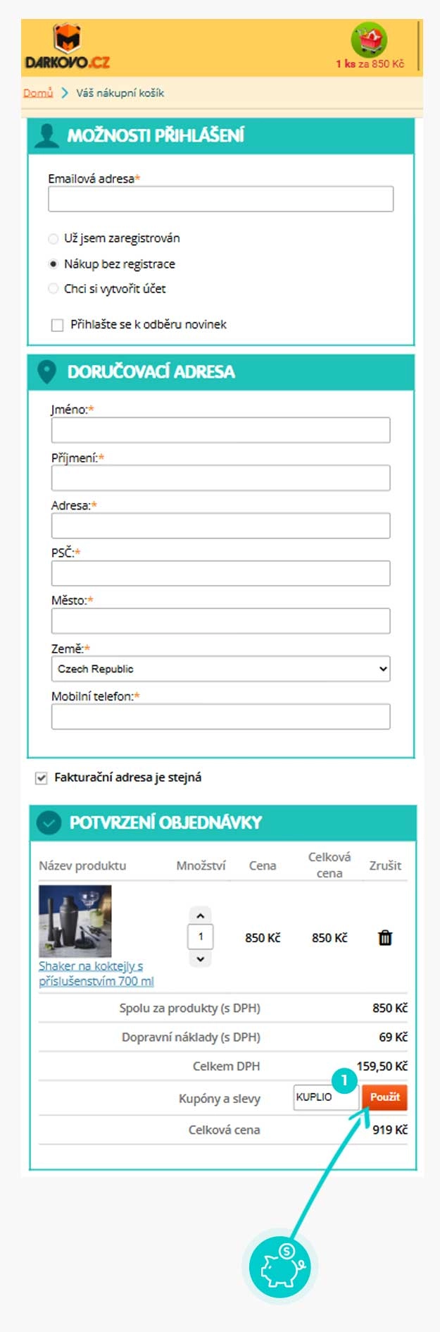 Návod jak uplatnit slevový kód v košíku e-shopu Darkovo