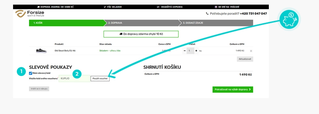 Návod jak uplatnit slevový kód v košíku e-shopu Forsize