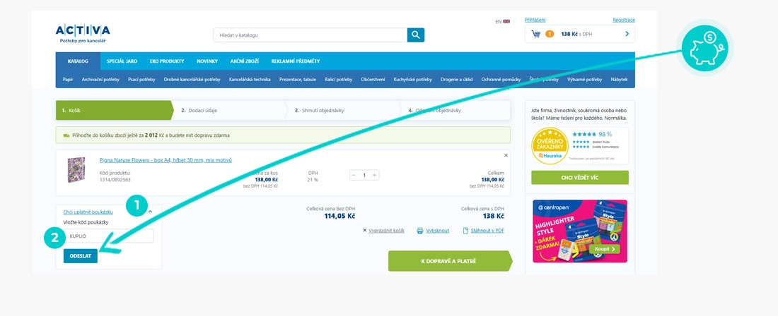 Návod jak uplatnit slevový kód v košíku e-shopu Activa