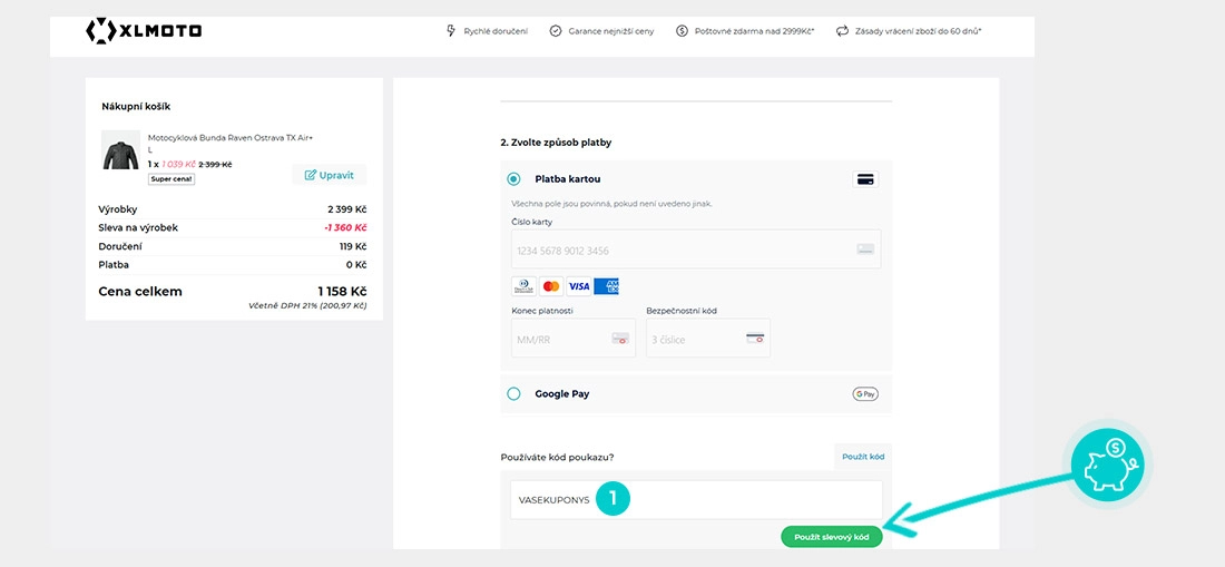 Návod jak uplatnit slevový kód v košíku e-shopu Xlmoto