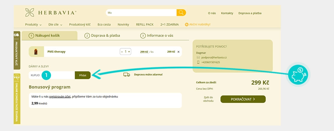 Návod jak uplatnit slevový kód v košíku e-shopu Herbavia