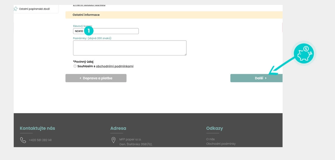 Návod jak uplatnit slevový kód v košíku e-shopu MFP