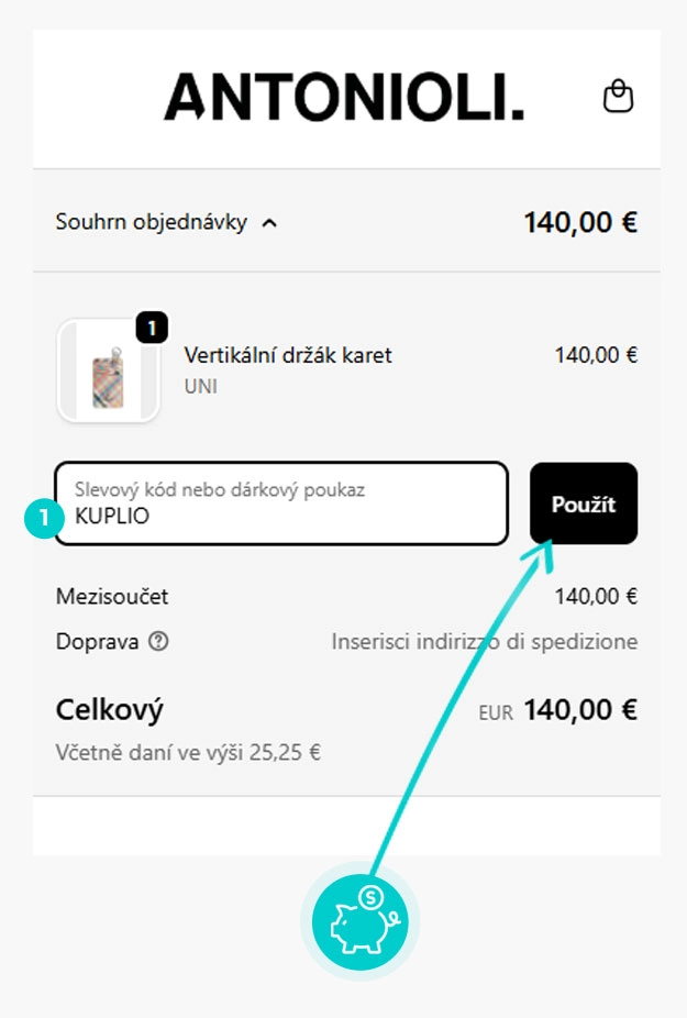 Návod jak uplatnit slevový kód v košíku e-shopu Antonioli