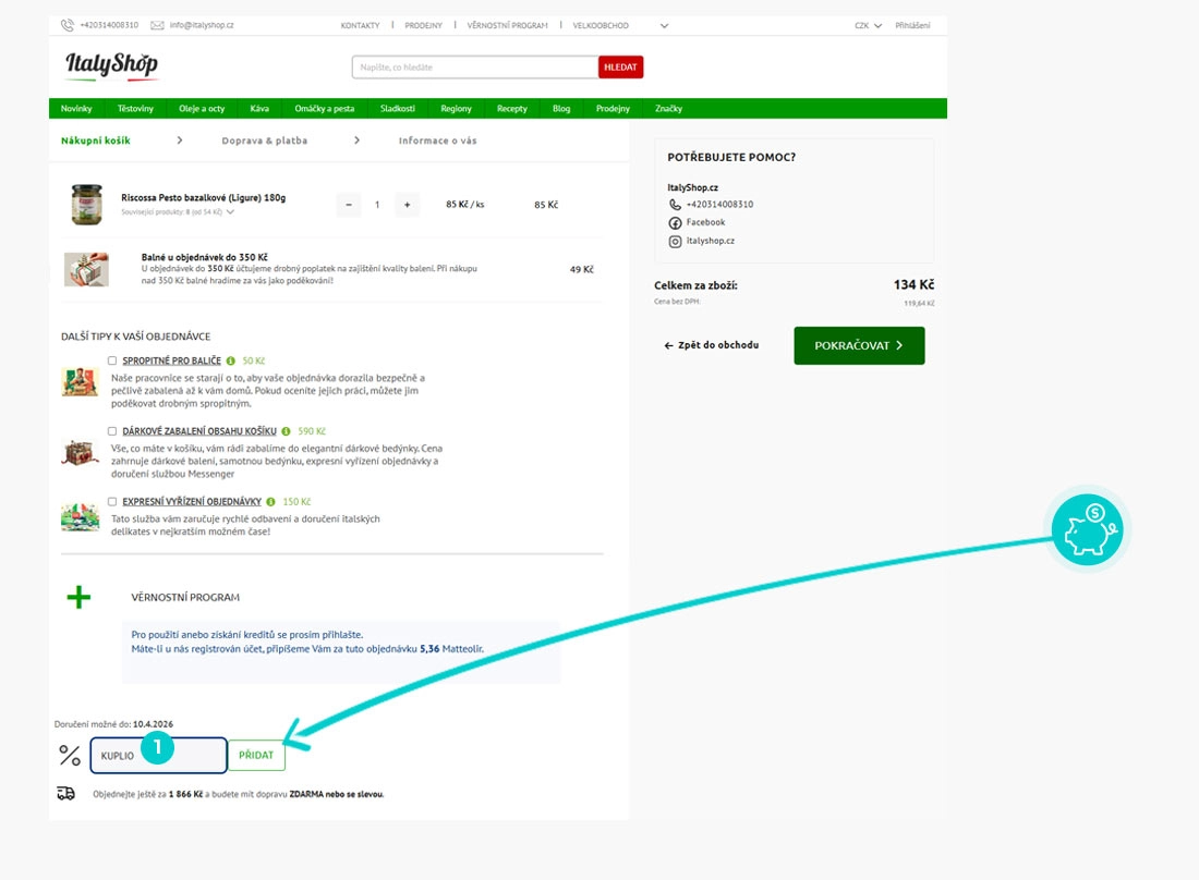Návod jak uplatnit slevový kód v košíku e-shopu ItalyShop