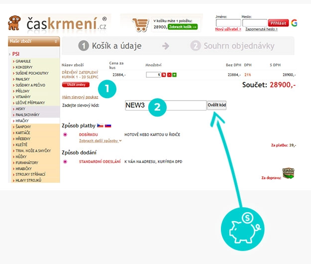 Návod jak uplatnit slevový kód v košíku e-shopu Časkrmení