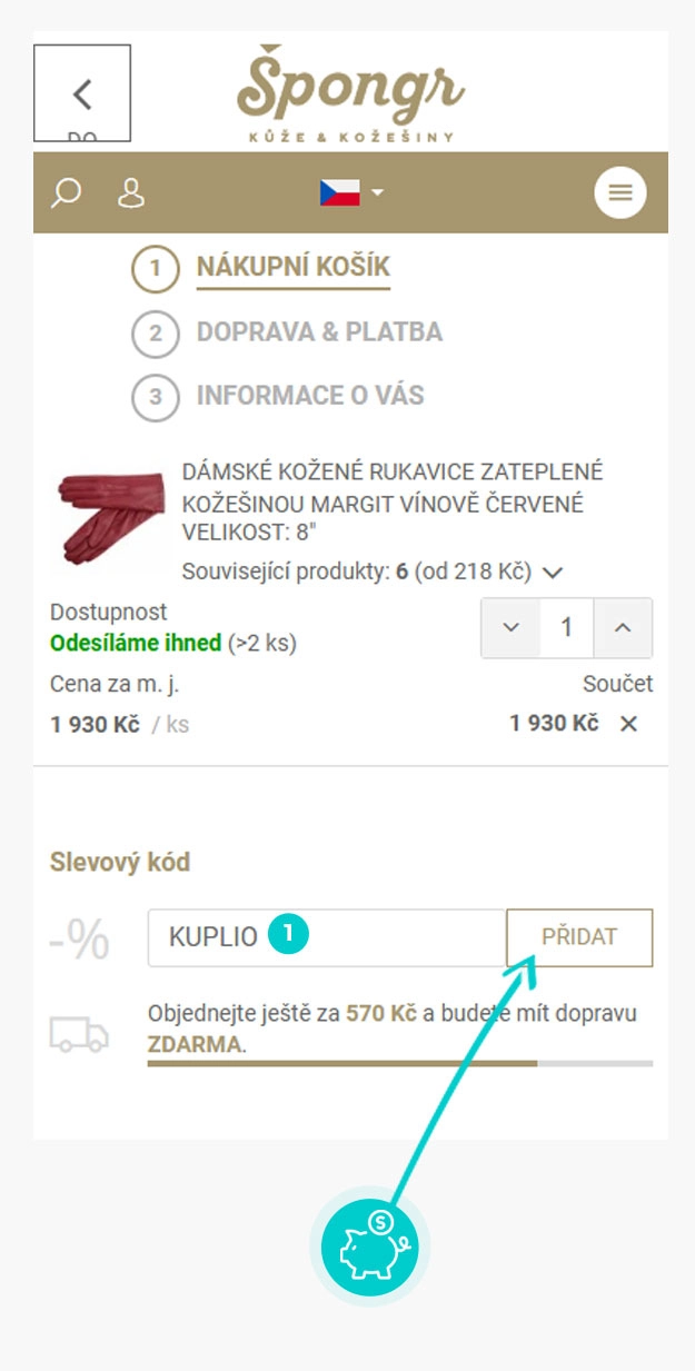 Návod jak uplatnit slevový kód v košíku e-shopu Špongr