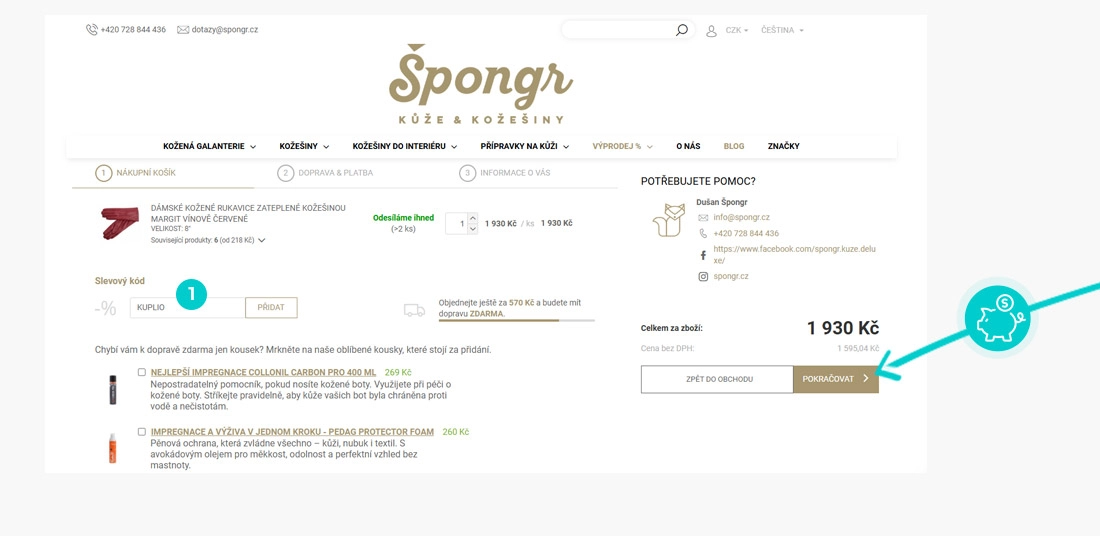 Návod jak uplatnit slevový kód v košíku e-shopu Špongr