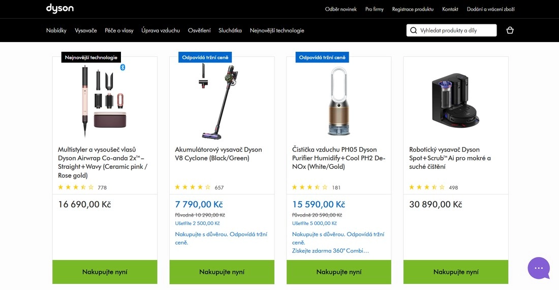 Stránka e-shopu Dyson s kulmou, vysavačem, čističkou vzduchu a kávovarem