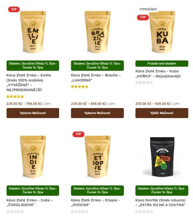 káva Emílie, Brazilie, Kuba, Indie, Etiopie a smrťák