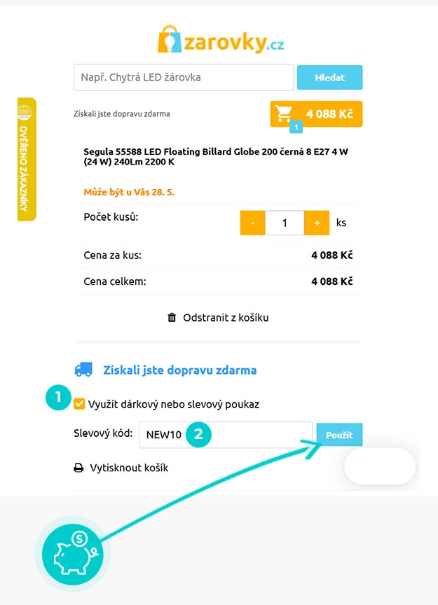 Návod jak uplatnit slevový kód v košíku e-shopu Zarovky.cz