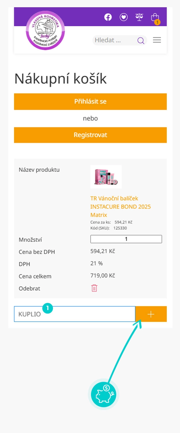 Návod jak uplatnit slevový kód v košíku e-shopu Vlasová kosmetika Suchý