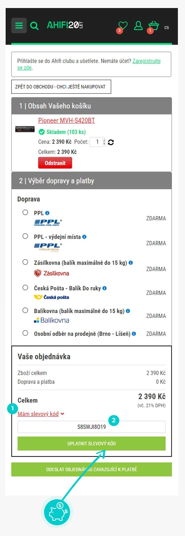 Návod jak uplatnit slevový kód v košíku e-shopu Ahifi
