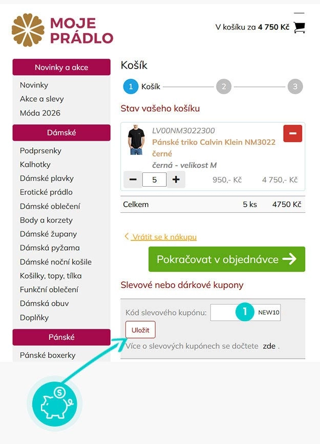 Návod jak uplatnit slevový kód v košíku e-shopu Moje-pradlo