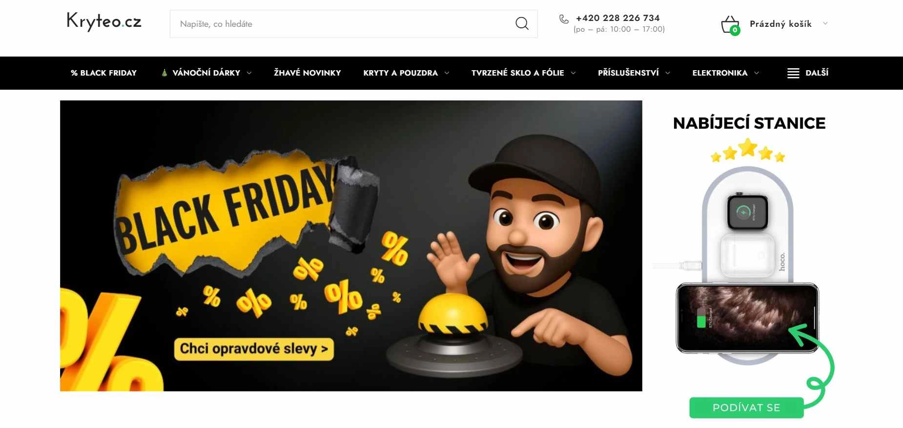 Webové stránky e-shopu s obrázkem nabíjecí stanice