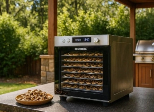 sušička ovoce s talířkem sušeného ovoce v letní kuchyni