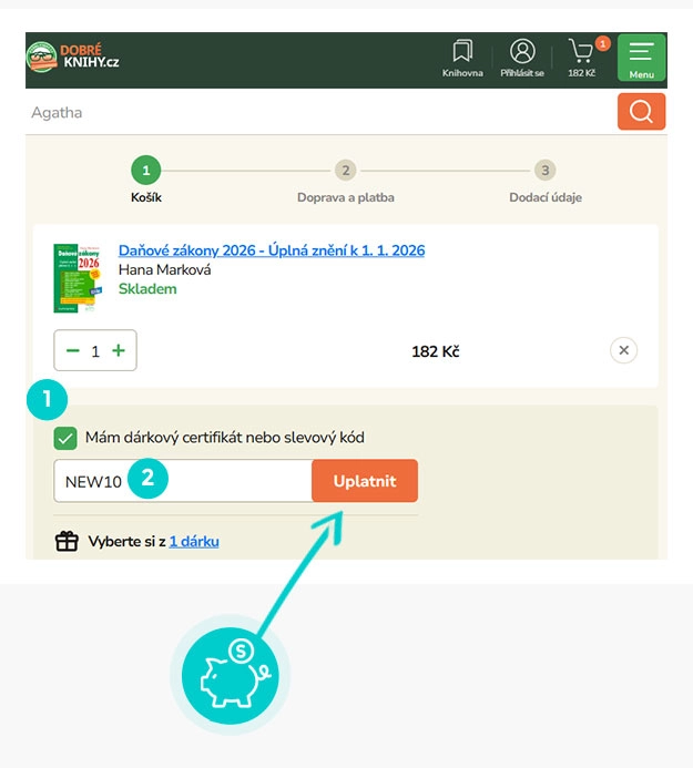 Návod jak uplatnit slevový kód v košíku e-shopu Dobré-knihy.cz