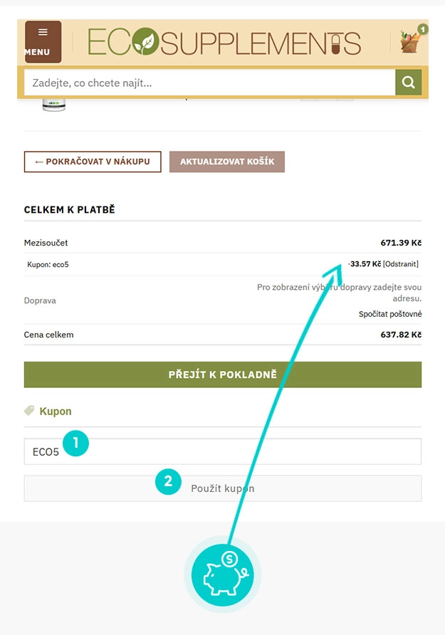 Návod jak uplatnit slevový kód v košíku e-shopu Eco Supplements