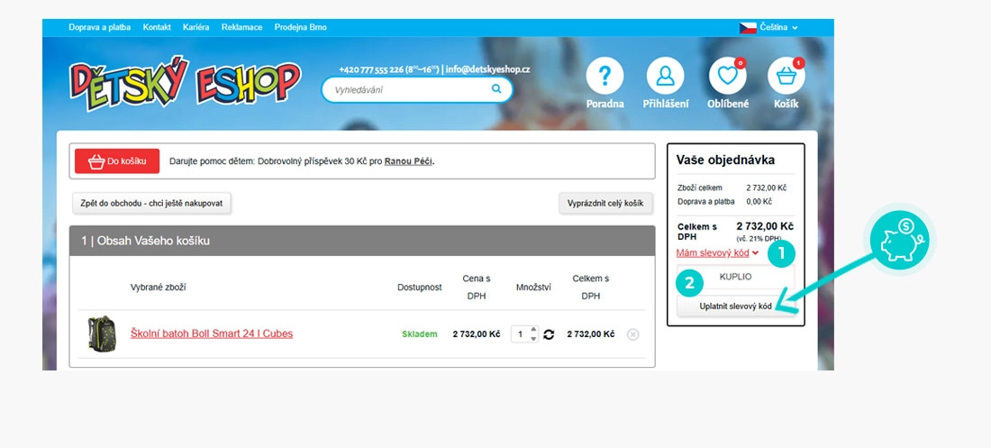 Návod jak uplatnit slevový kód v košíku e-shopu Dětský Eshop