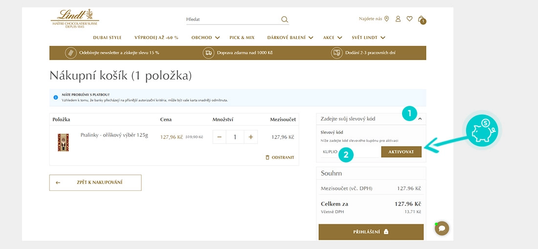 Návod jak uplatnit slevový kód v košíku e-shopu Lindt