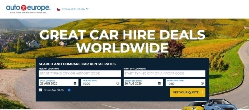 homepage Auto Europe se zemí, autem a vyhledávačem