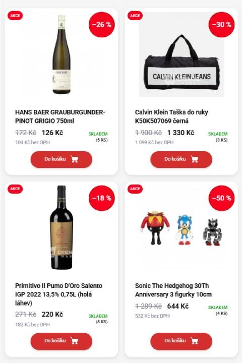 Grenze Markt - víno Pinot Grigio, taška Calvin Klein, víno Primitivo a tři figurky Sonic