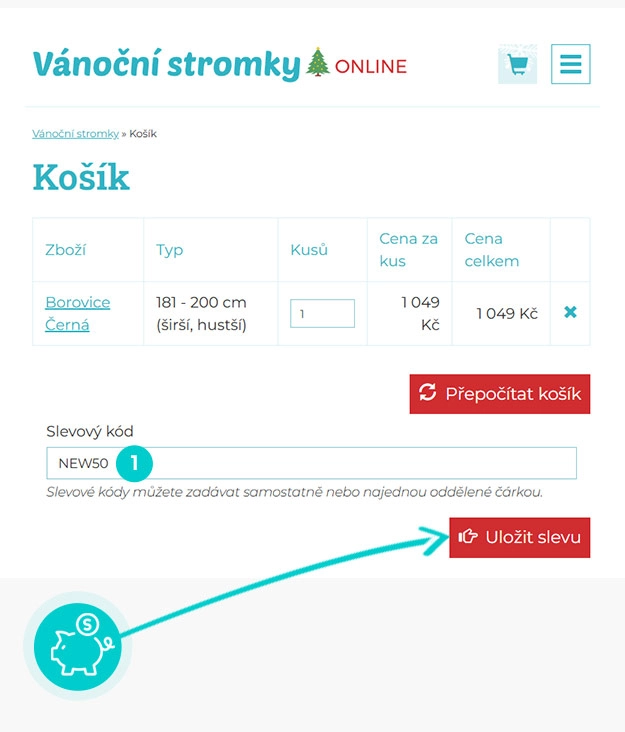 Návod jak uplatnit slevový kód v košíku e-shopu Vánoční stromky online