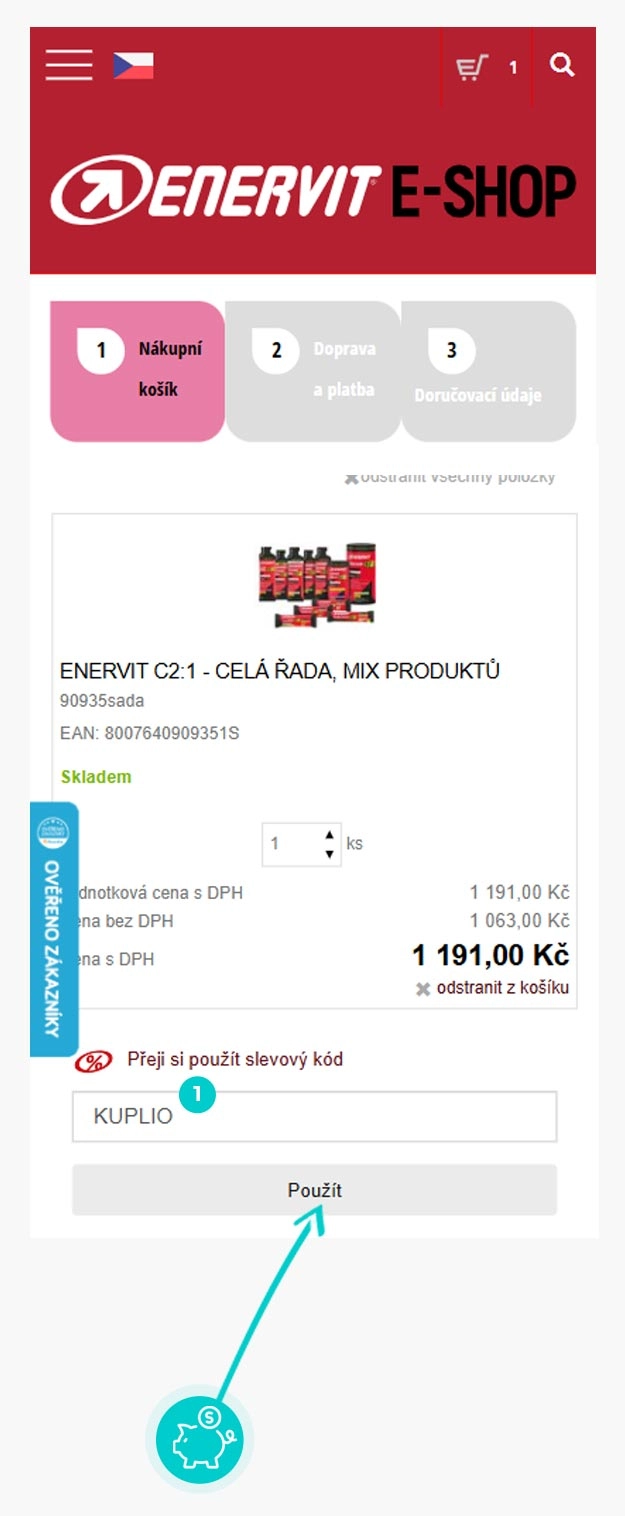 Návod jak uplatnit slevový kód v košíku e-shopu Enervit e-shop