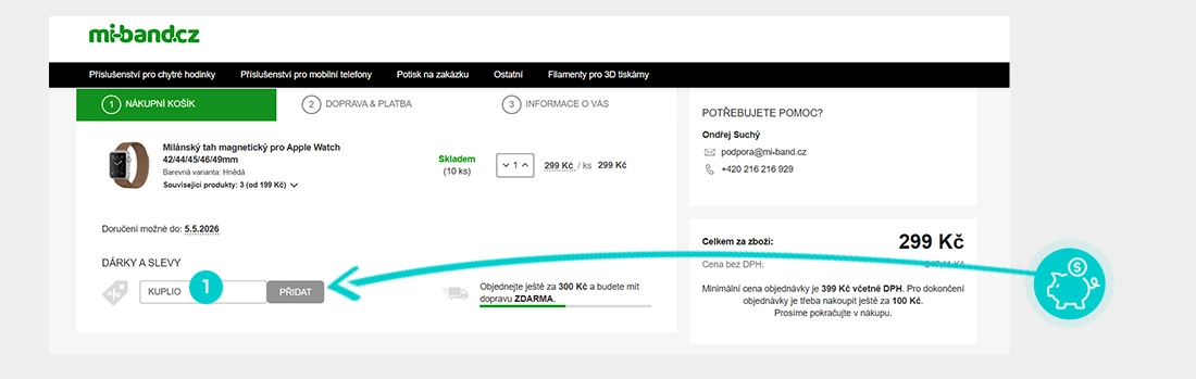 Návod jak uplatnit slevový kód v košíku e-shopu Mi-band