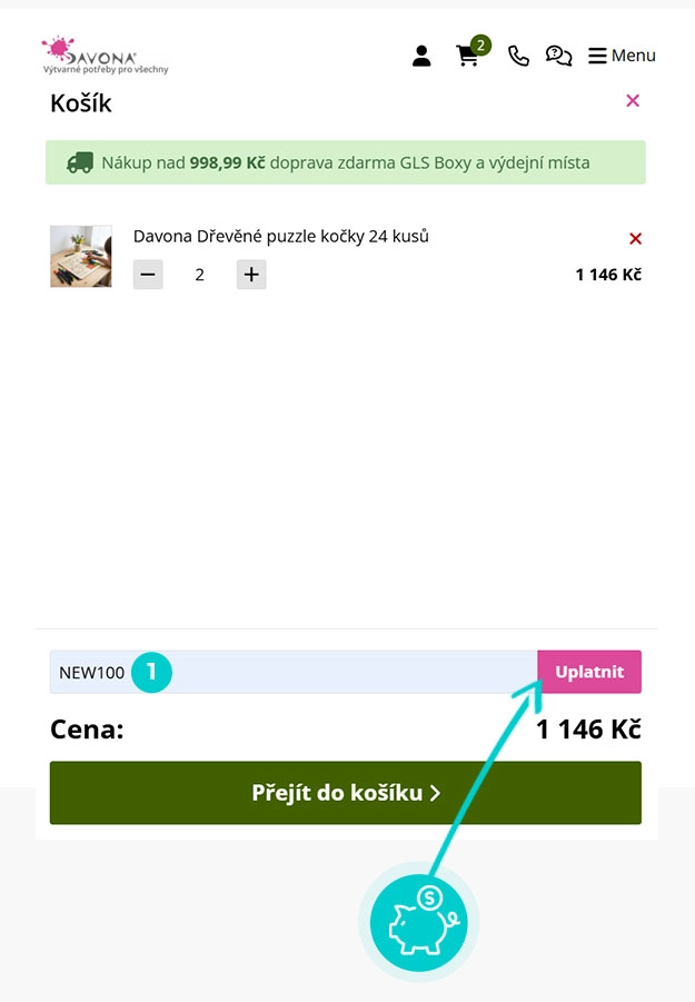 Návod jak uplatnit slevový kód v košíku e-shopu Davona