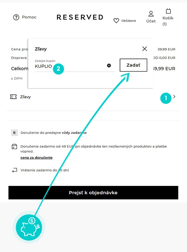 Návod jak uplatnit slevový kód v košíku e-shopu Reserved