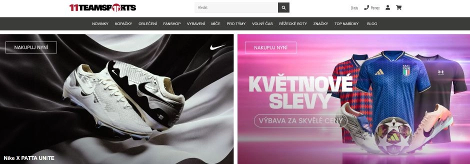 domovská stránka e-shopu 11teamsports se zbožím pro fotbalisty