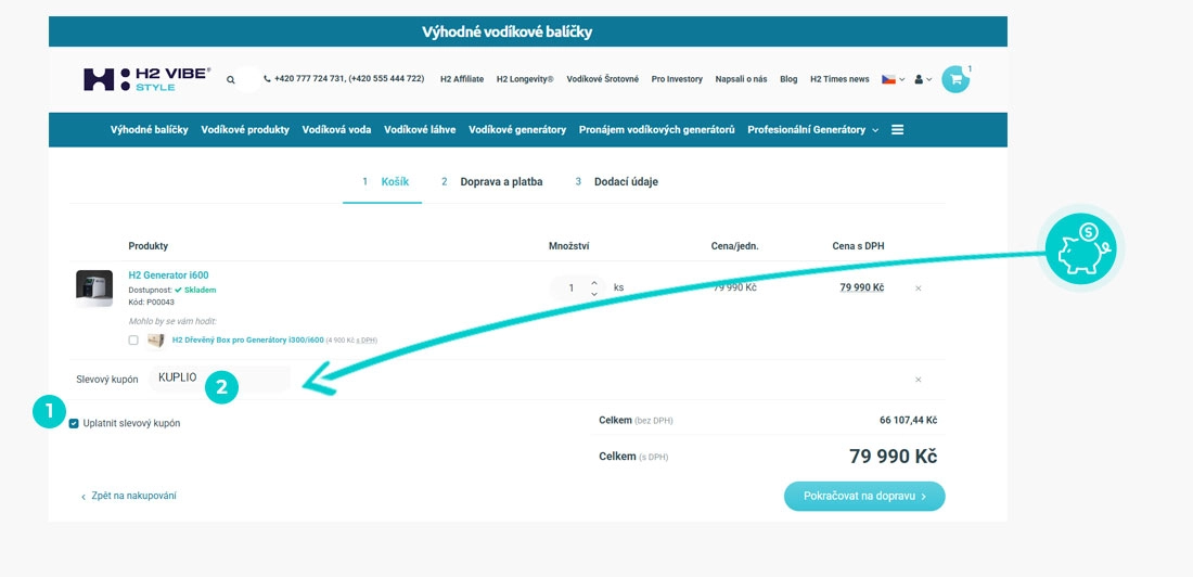 Návod jak uplatnit slevový kód v košíku e-shopu H2 Vibe