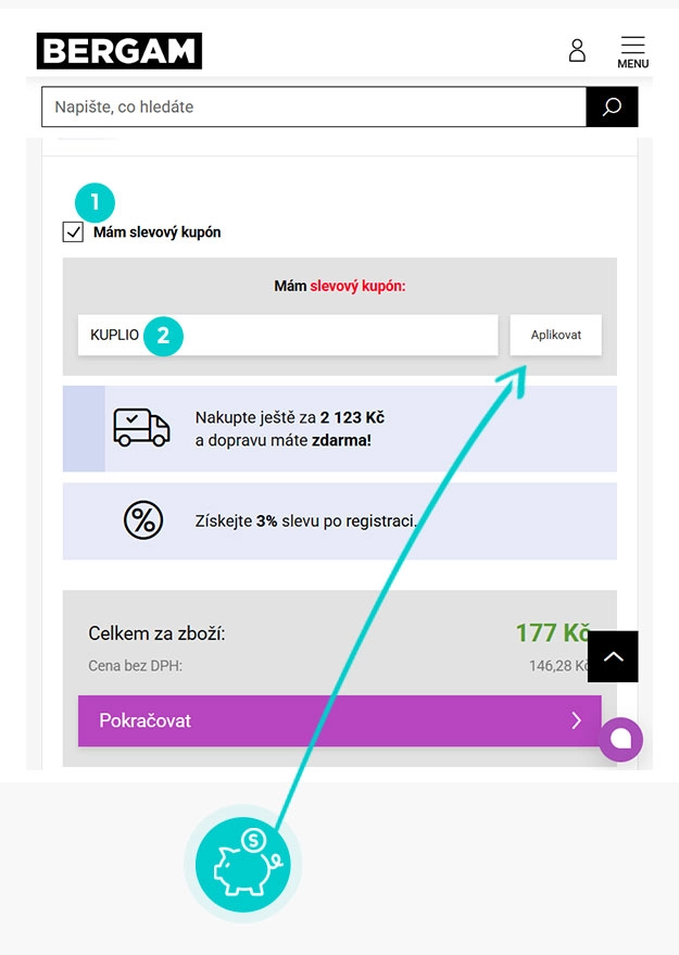 Návod jak uplatnit slevový kód v košíku e-shopu BERGAM