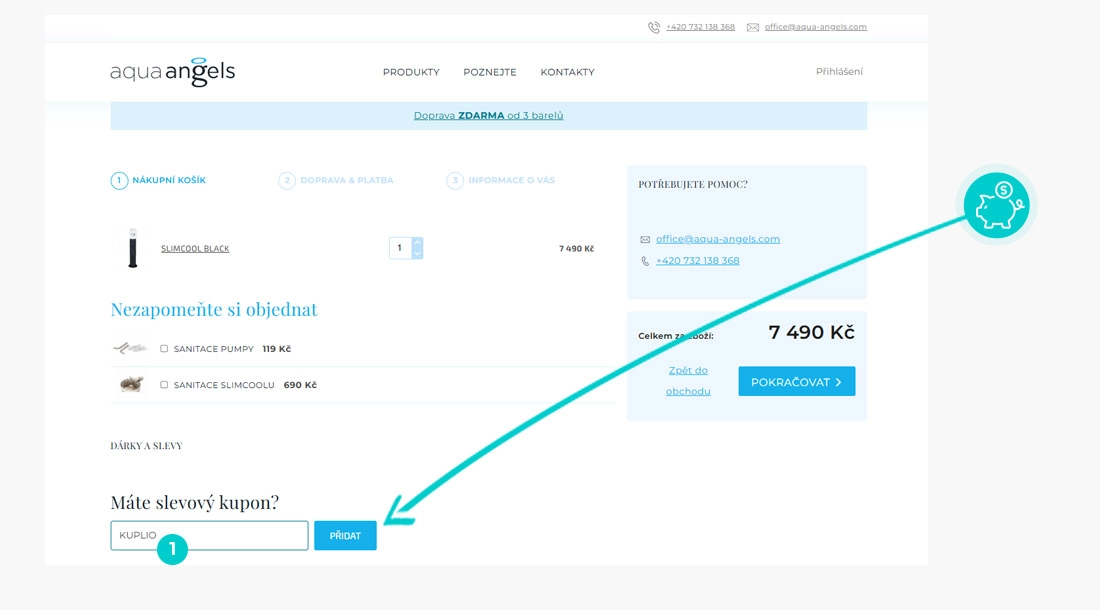 Návod jak uplatnit slevový kód v košíku e-shopu Aqua Angels