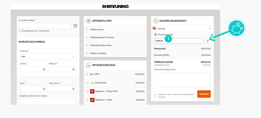 Návod jak uplatnit slevový kód v košíku e-shopu Shirttuning