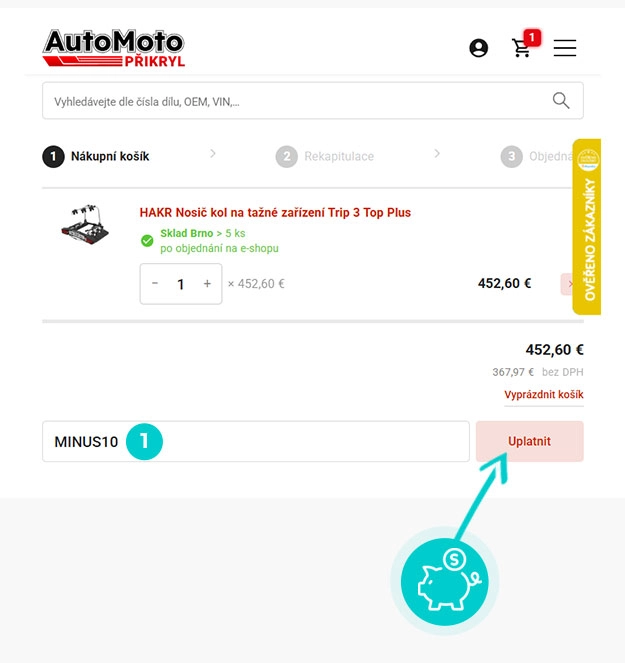 Návod jak uplatnit slevový kód v košíku e-shopu Auto Moto Přikryl