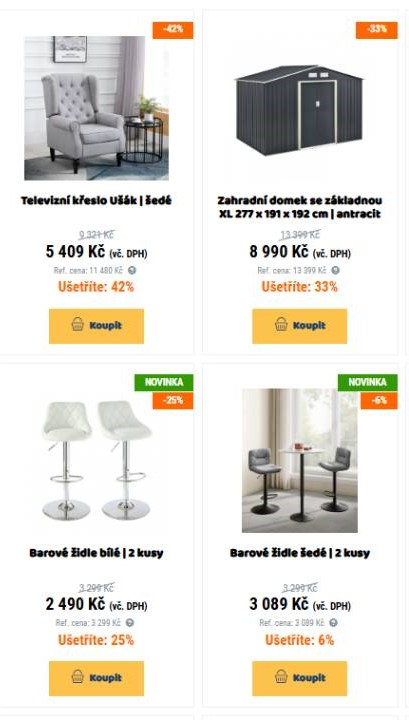 televizní křeslo, zahradní domek a barové židle