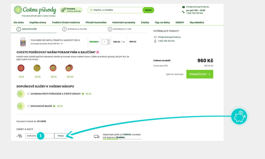 Návod jak uplatnit slevový kód v košíku e-shopu Cestou přírody