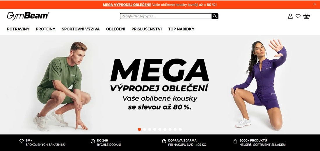 Stránka e-shopu Gym Beam s mladou ženou a mužem ve sportovním oblečení