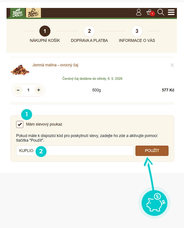 Návod jak uplatnit slevový kód v košíku e-shopu Manutea